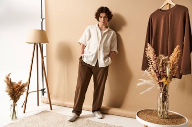 Moda kıyafetli yakışıklı bir genç, şık bir stüdyoda rahatça poz verir..