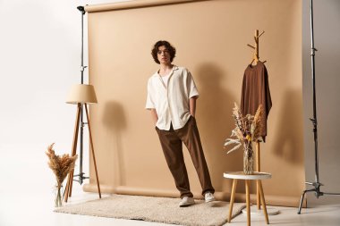 Kıvırcık saçlı yakışıklı genç bir adam şık bir stüdyoda moda bir yaz kıyafeti giyiyor..