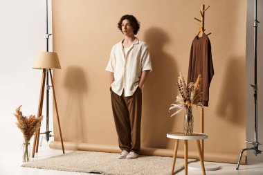 Kıvırcık saçlı yakışıklı genç bir adam şık bir yaz elbisesi içinde duruyor..