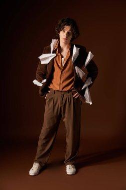 Kıvırcık saçlı yakışıklı genç bir adam, içinde kağıt uçaklar bulunan şık bir kıyafet içinde poz veriyor..