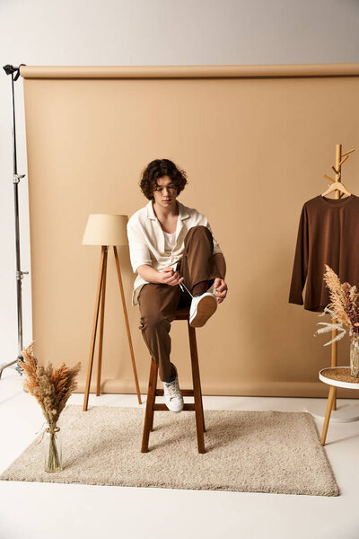 A good looking young man with curly hair showcases a trendy summer outfit while seated creatively.