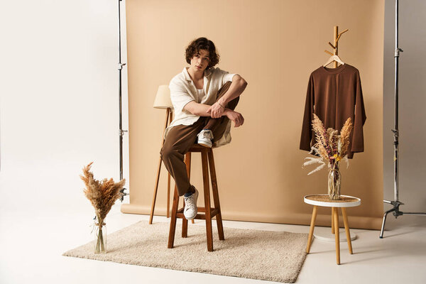 A young man with curly hair models a trendy summer outfit while sitting on a stool in a studio.