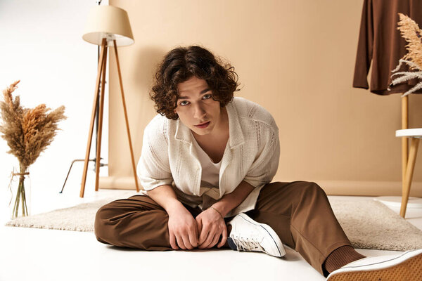 Stylish young man with curly hair poses in a bright studio, exhibiting summer fashion and charm.