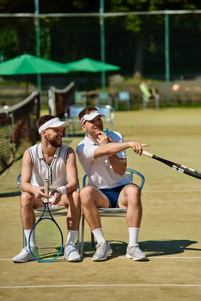Yaz güneşinde tenis maçlarına ara verirken iki adam gülüşüyor..