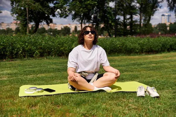 Güzel genç bir kadın açık havada yoga yapıyor, açık bir gökyüzü altında huzur buluyor..