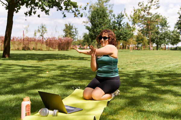 A young woman does arm stretches outdoors on a grassy field under a clear sky, promoting fitness online