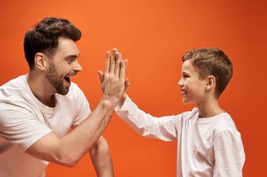 Bir baba oğluyla neşeli bir anı paylaşır, canlı bir arkaplan karşısında beşlik çakar..