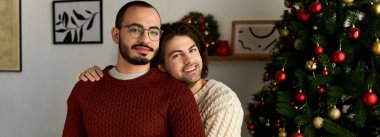 Tatil süslemeleriyle dolu sıcak bir evde iki erkek aynı sıcaklığı ve neşeyi paylaşıyor..