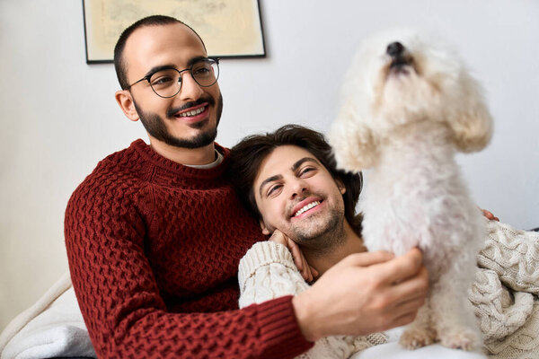 Joyful men share laughter and affection while their dog adds to the homes festive charm.