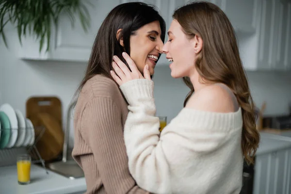 Seitenansicht eines fröhlichen lesbischen Paares, das sich in der Küche umarmt — Stockfoto
