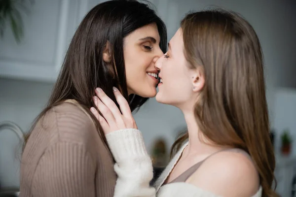 Vista lateral do casal de lésbicas sorridentes fechando os olhos enquanto se beijam em casa — Fotografia de Stock