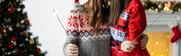 Обрізаний вид лесбійської пари в светрах, що обіймає і тримає блискавки у вітальні, банер — стокове фото