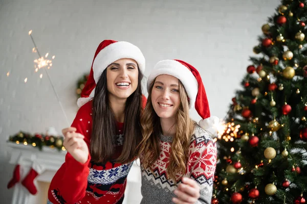 Glückliches lesbisches Paar in Weihnachtsmannmützen hält Wunderkerzen in der Hand und blickt in die Kamera neben dem heimischen Weihnachtsbaum — Stockfoto