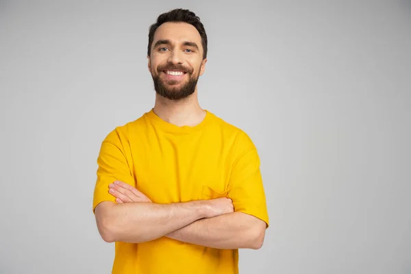 Hombre barbudo alegre en camiseta amarilla de pie con los brazos cruzados mientras mira la cámara aislada en gris - foto de stock