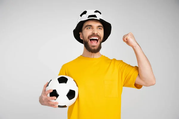 Взволнованный фанат спорта, держащий футбольный мяч и показывающий победный жест, крича изолированно на сером — стоковое фото
