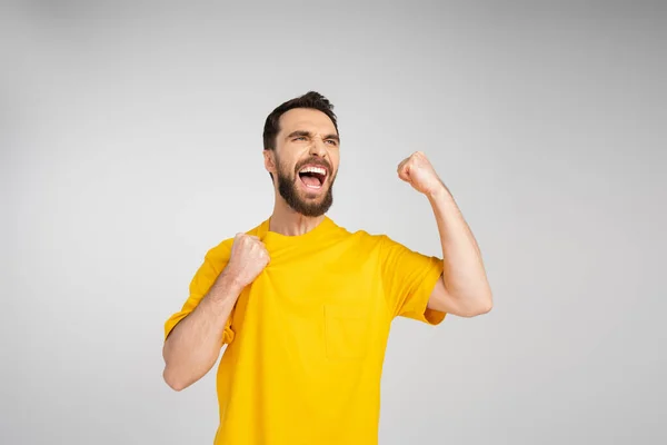 Збуджений бородатий чоловік кричить і показує жест виграшу ізольовано на сірому — стокове фото