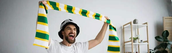 Hombre sorprendido en sombrero sosteniendo bufanda mientras que mira campeonato, bandera - foto de stock