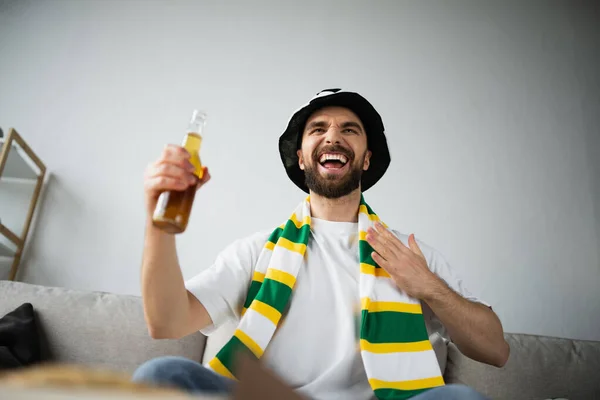 Low angle view of amazed sportive fan in scarf and hat holding bottle of beer while watching championship — Stock Photo