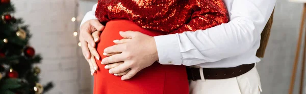 Vista parcial del hombre abrazando el vientre de la mujer embarazada en ropa festiva en el día de Navidad, bandera - foto de stock