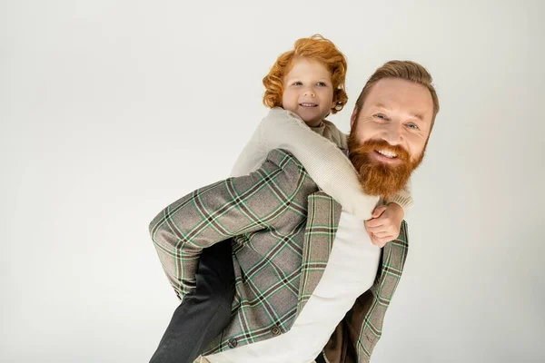 Smiling redhead kid piggybacking on bearded dad isolated on grey — Stock Photo
