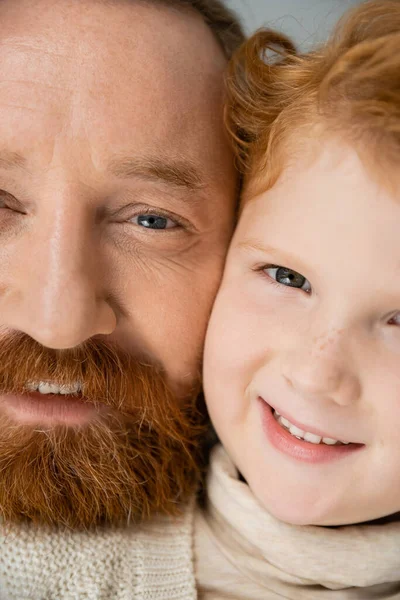 Cropped view of smiling bearded man and red haired son looking at camera isolated on grey — Stock Photo