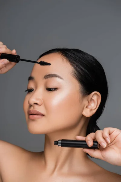 Pretty asian woman with natural makeup holding mascara and eyelash brush isolated on grey - foto de stock