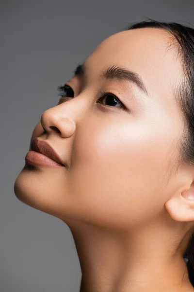 Portrait of pretty asian woman with perfect skin and natural makeup isolated on grey — Stock Photo