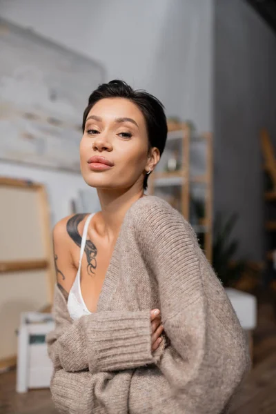 Portrait of sexy brunette artist in bra and sweater looking at camera in workshop — Photo de stock