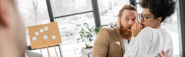 Shocked african american woman getting caught by husband while cheating with bearded coworker, banner — Stock Photo
