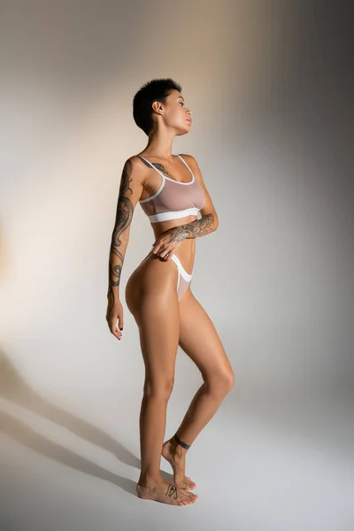 Seitenansicht der schlanken brünetten Frau mit tätowiertem Körper posiert in Dessous auf grauem Hintergrund — Stockfoto