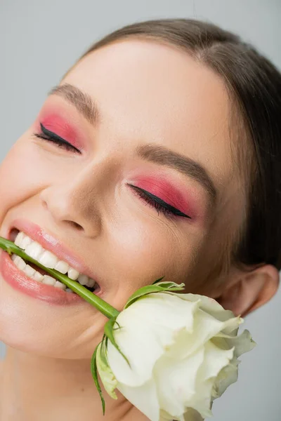 Portrait en gros plan de femme heureuse avec des ombres à paupières roses tenant rose fraîche dans les dents isolées sur gris — Photo de stock