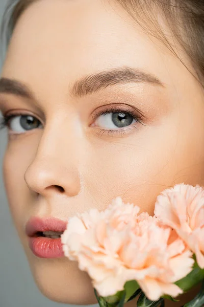 Close up view of young model looking at camera near carnations isolated on grey — Stock Photo