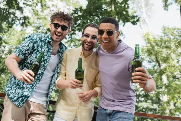 Amici multietnici spensierati in abiti eleganti e occhiali da sole che tengono la birra e ridono della macchina fotografica nel parco — Foto stock