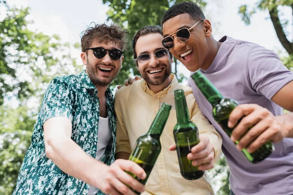 Amigos multiculturales llenos de alegría en gafas de sol tintineo botellas de cerveza en el parque de verano - foto de stock