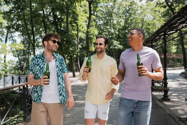 Carefree and stylish multiethnic friends holding beer while walking in urban park on summer day — Stock Photo