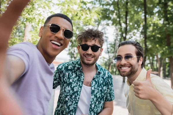 Веселі міжрасові друзі в сонцезахисних окулярах жестикулюють в літньому парку — стокове фото