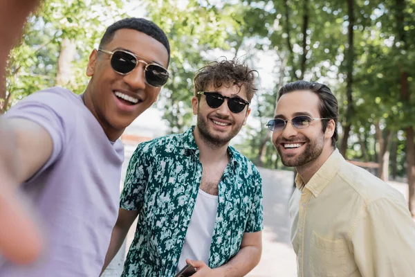Amigos multiétnicos positivos en gafas de sol pasando tiempo en el parque en verano - foto de stock
