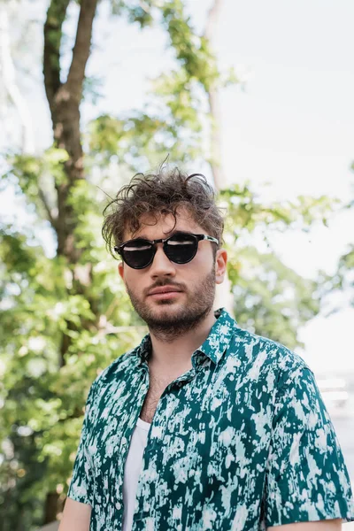 Portrait of young man in sunglasses standing in summer park — Stock Photo
