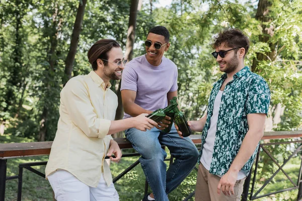 Alegre amigos multiétnicos en gafas de sol tintineo cerveza en el parque de verano - foto de stock