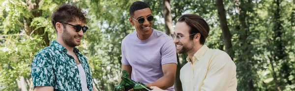 Uomini multietnici positivi in occhiali da sole che chiudono bottiglie di birra nel parco estivo, striscione — Foto stock