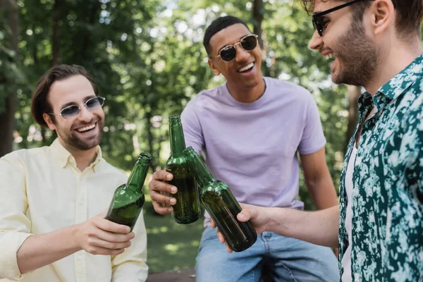 Amigos multiétnicos positivos en gafas de sol sosteniendo botellas de cerveza en el parque de verano - foto de stock