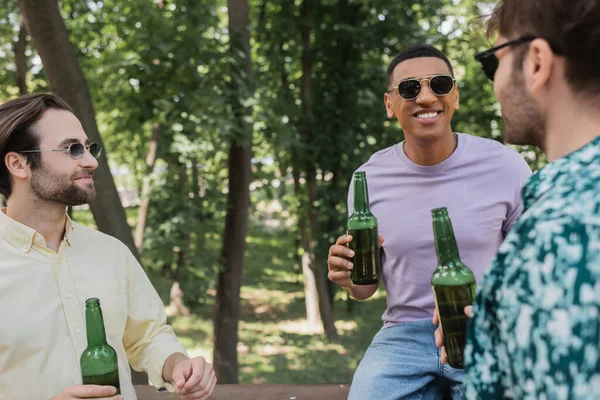 Amigos interraciales en gafas de sol sosteniendo botellas de cerveza y hablando en el parque de verano - foto de stock