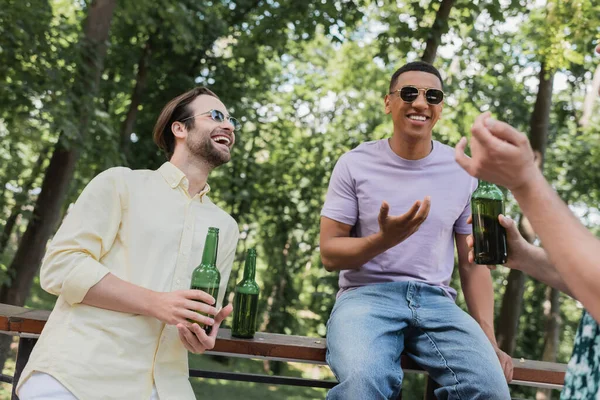 Amigos multiétnicos super alegres com cerveja falando enquanto passava o tempo no parque — Fotografia de Stock