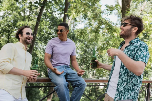 Amigos interracial despreocupados en gafas de sol sosteniendo botellas de cerveza y hablando en el parque de verano - foto de stock