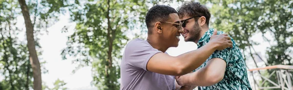 Усміхнений афроамериканський чоловік обіймає друга в літньому парку, банер — стокове фото