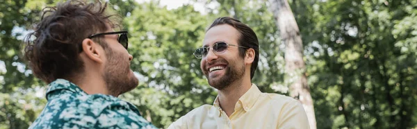 Jeunes amis en lunettes de soleil passant du temps dans le parc d'été, bannière — Photo de stock