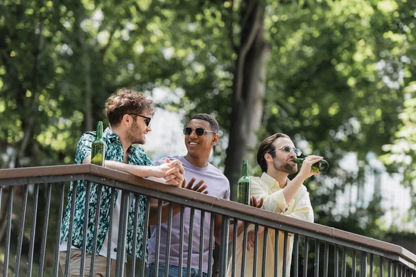 Amigos multiétnicos positivos en gafas de sol hablando cerca de la cerveza en barandilla en el parque de verano - foto de stock