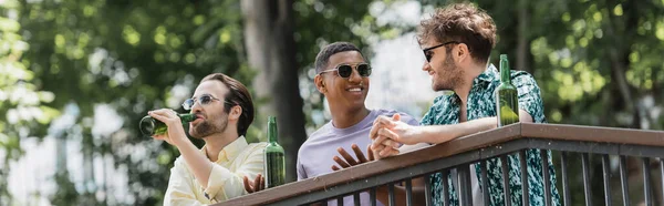 Multiethnic men in sunglasses talking near beer on railing in park, banner — Stock Photo
