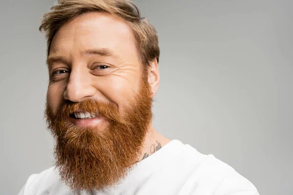 Портрет бородатого мужчины, улыбающегося в камеру, изолированную на сером — стоковое фото