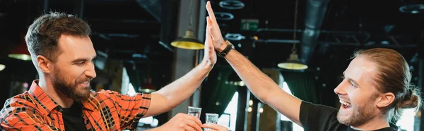Cheerful bearded men holding tequila and giving high five in bar, banner — Stock Photo